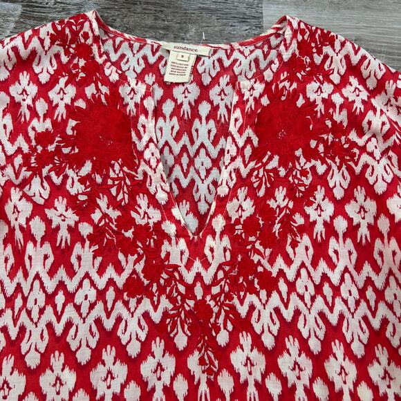 Sundance Red Embroidered Cotton Tunic Dress Ikat Print Boho Beach Coverup S - Picture 4 of 7